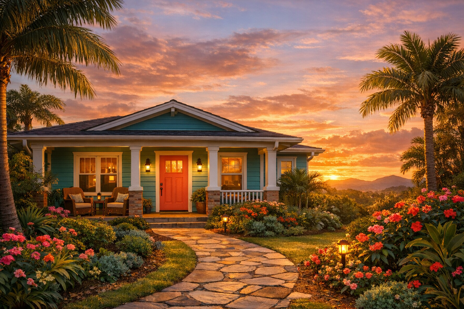 Welcoming recovery home at sunset with tropical landscaping